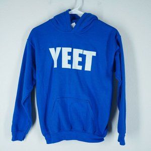 GILDAN Boys Large Hoodie "YEET" Long Sleeve Spellout Logo Kangaroo Pocket Blue